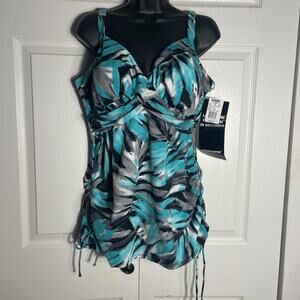 Trimshaper Swimsuit Top Women 18W Aqua Blue Gray Palmetto Wendy Tankini Ruched